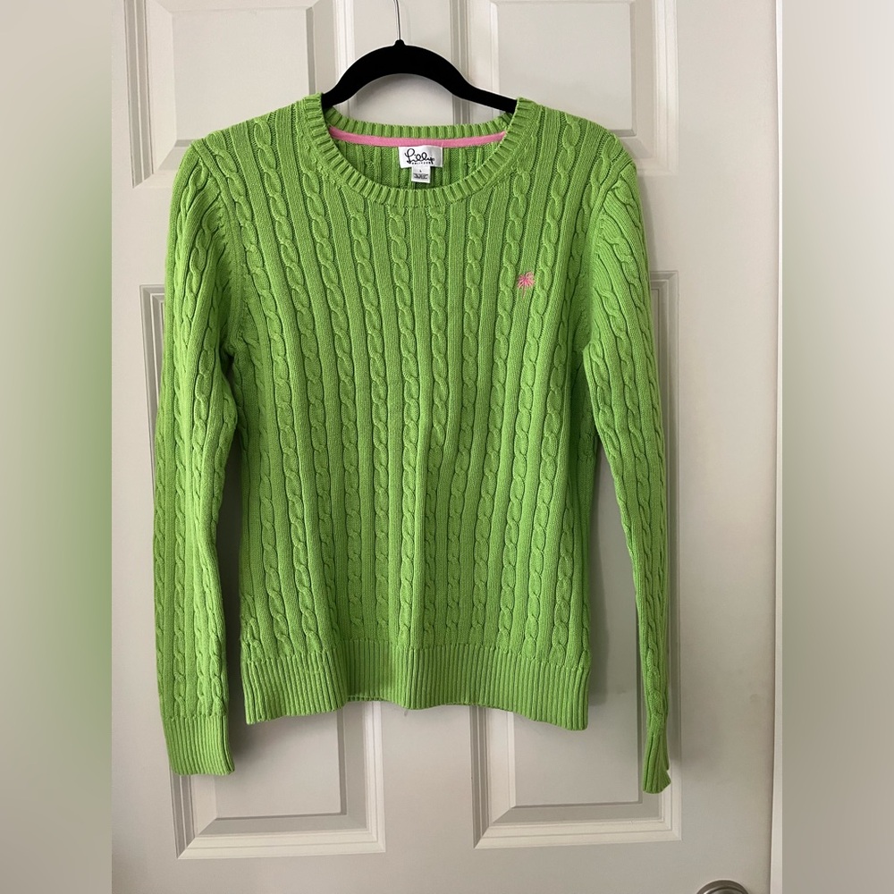 Women’s Lilly Pulitzer Cableknit Sweater Crewneck Green w/Pink Logo Size L